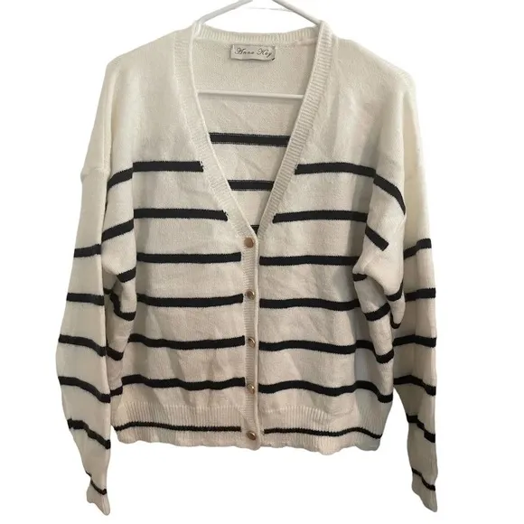 Anna Kay White Button Down Sweater W/Black Stripes &amp; Gold Buttons