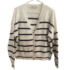 Anna Kay White Button Down Sweater W/Black Stripes &amp; Gold Buttons