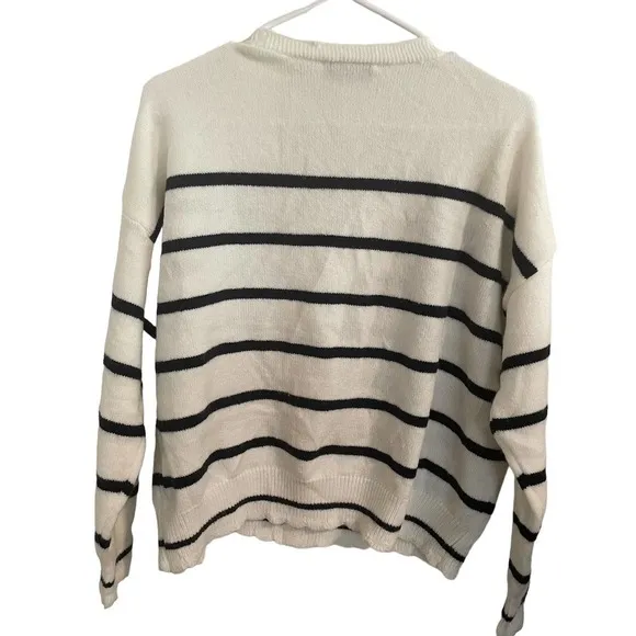 Anna Kay White Button Down Sweater W/Black Stripes &amp; Gold Buttons