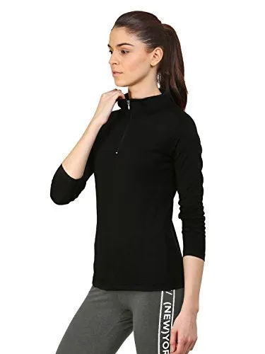 Ap'pulse Women's 1/4 Zip Slimfit Raglan Sleeve Tshirt (329_Black_Small)