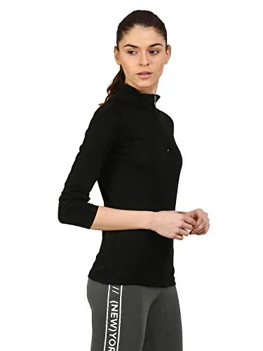 Ap'pulse Women's 1/4 Zip Slimfit Raglan Sleeve Tshirt (329_Black_Small)