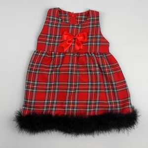 Baby Girls Red Tartan Dress with Maribou Feather Trim