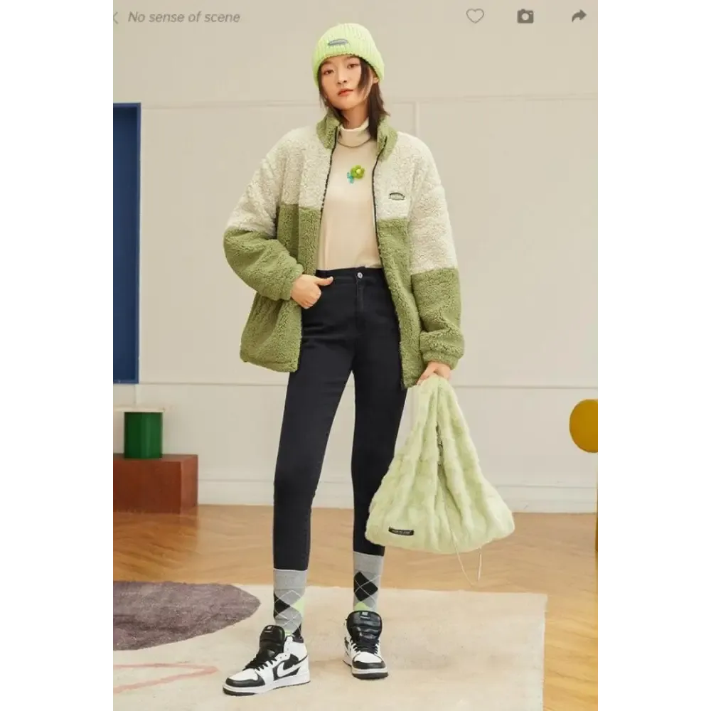 Beige and Green Teddy Jacket with Zip Fastening and Twin Hip Pockets