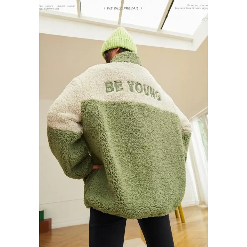 Beige and Green Teddy Jacket with Zip Fastening and Twin Hip Pockets