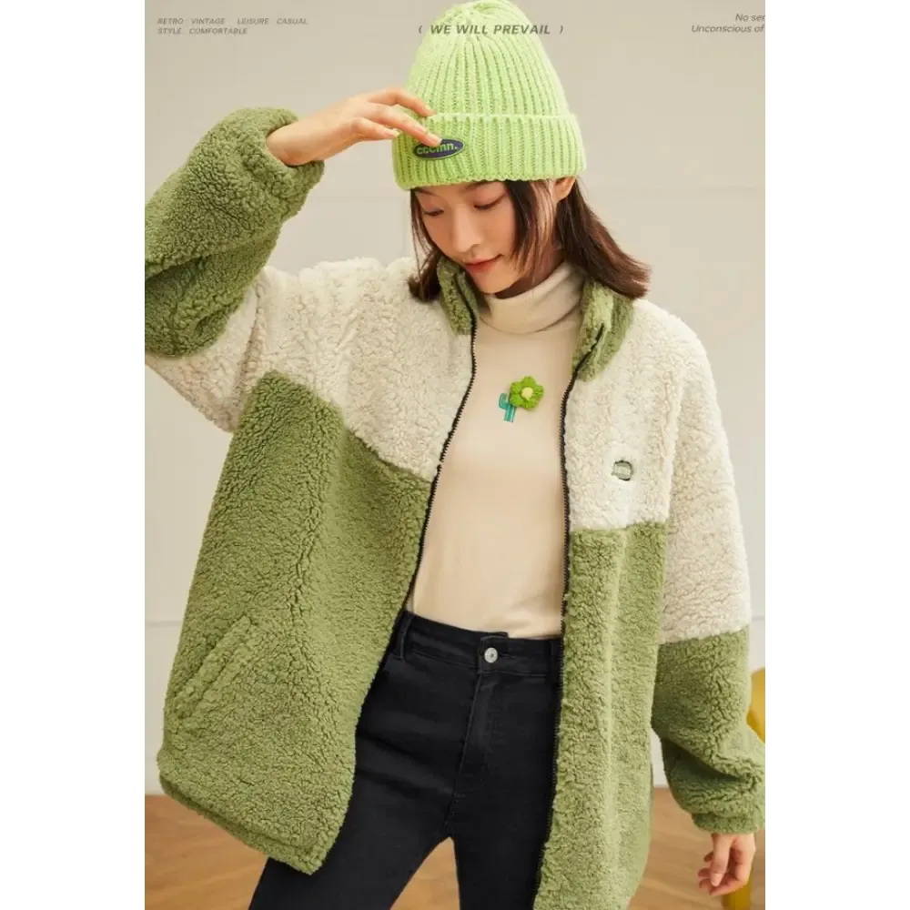 Beige and Green Teddy Jacket with Zip Fastening and Twin Hip Pockets