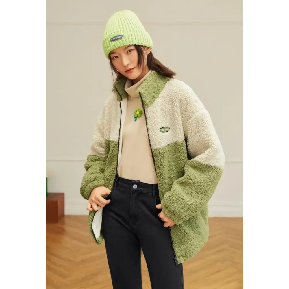 Beige and Green Teddy Jacket with Zip Fastening and Twin Hip Pockets