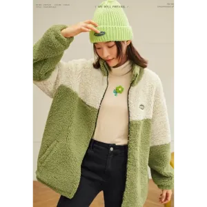 Beige and Green Teddy Jacket with Zip Fastening and Twin Hip Pockets