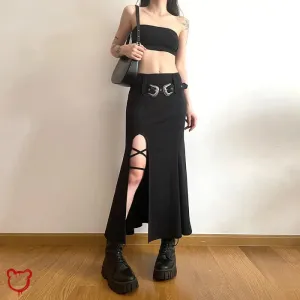 Black Belted Lace-Up Skirt