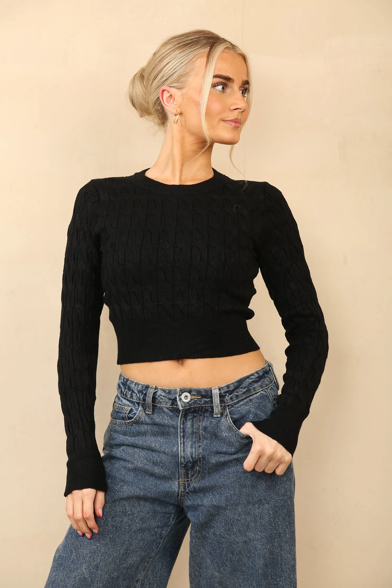 Black Cable Knit Cropped Long Sleeve Jumper
