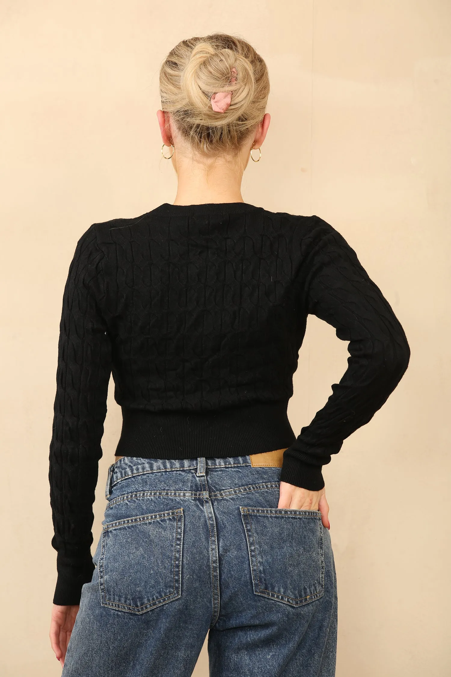 Black Cable Knit Cropped Long Sleeve Jumper