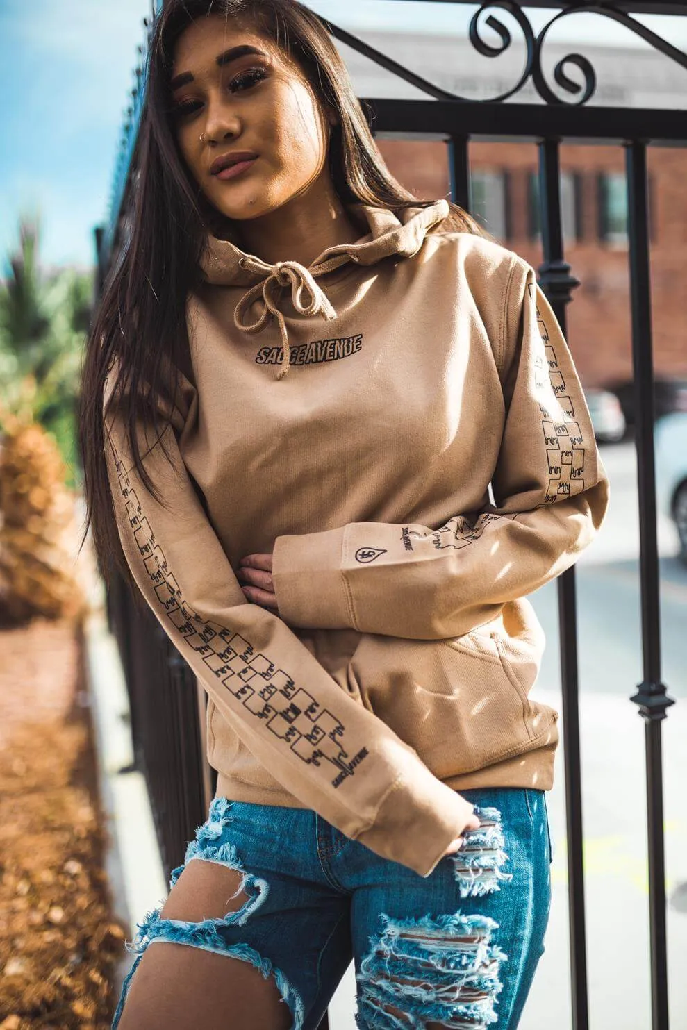 Black SA Outline | Caramel Hoodie (Outline Checkered Drippin Sleeves)