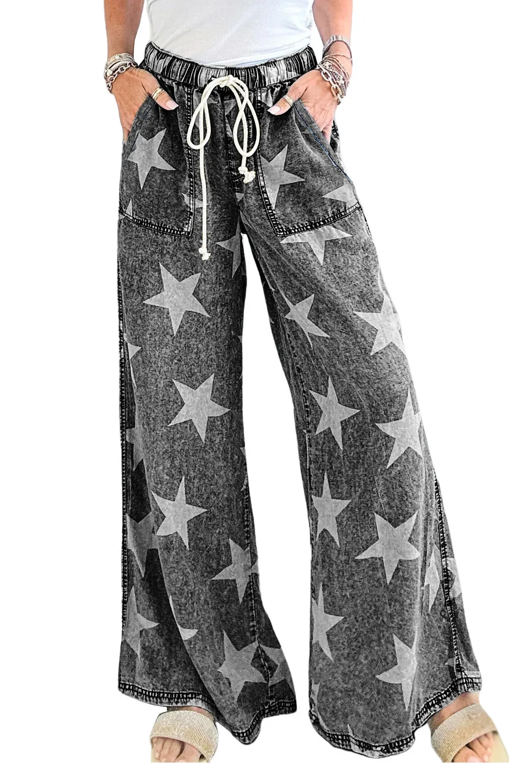 Black Star Print Light Wash Drawstring High Waist Wide Leg Jeans