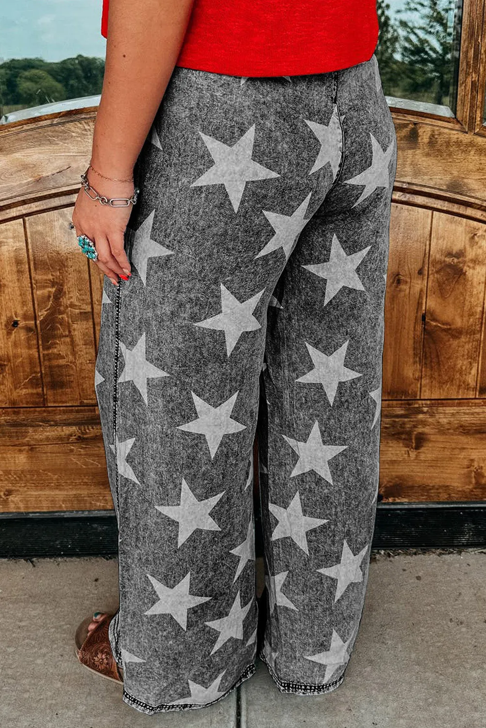 Black Star Print Light Wash Drawstring High Waist Wide Leg Jeans