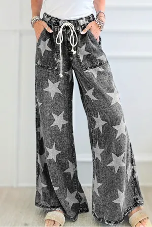 Black Star Print Light Wash Drawstring High Waist Wide Leg Jeans