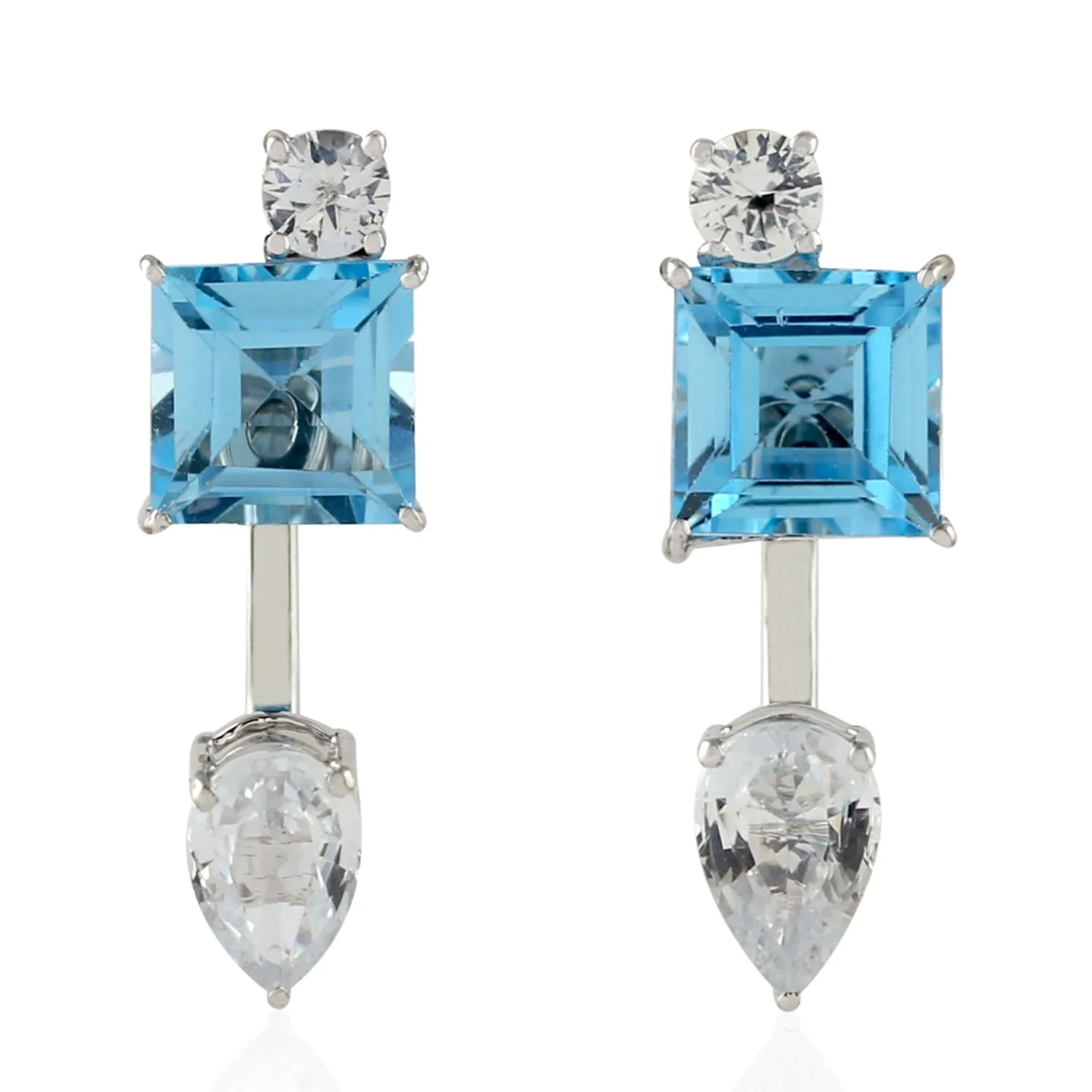 Blue Topaz Pear Cut Sapphire Ear Jackets Earrings In 18k White Gold Jewelry
