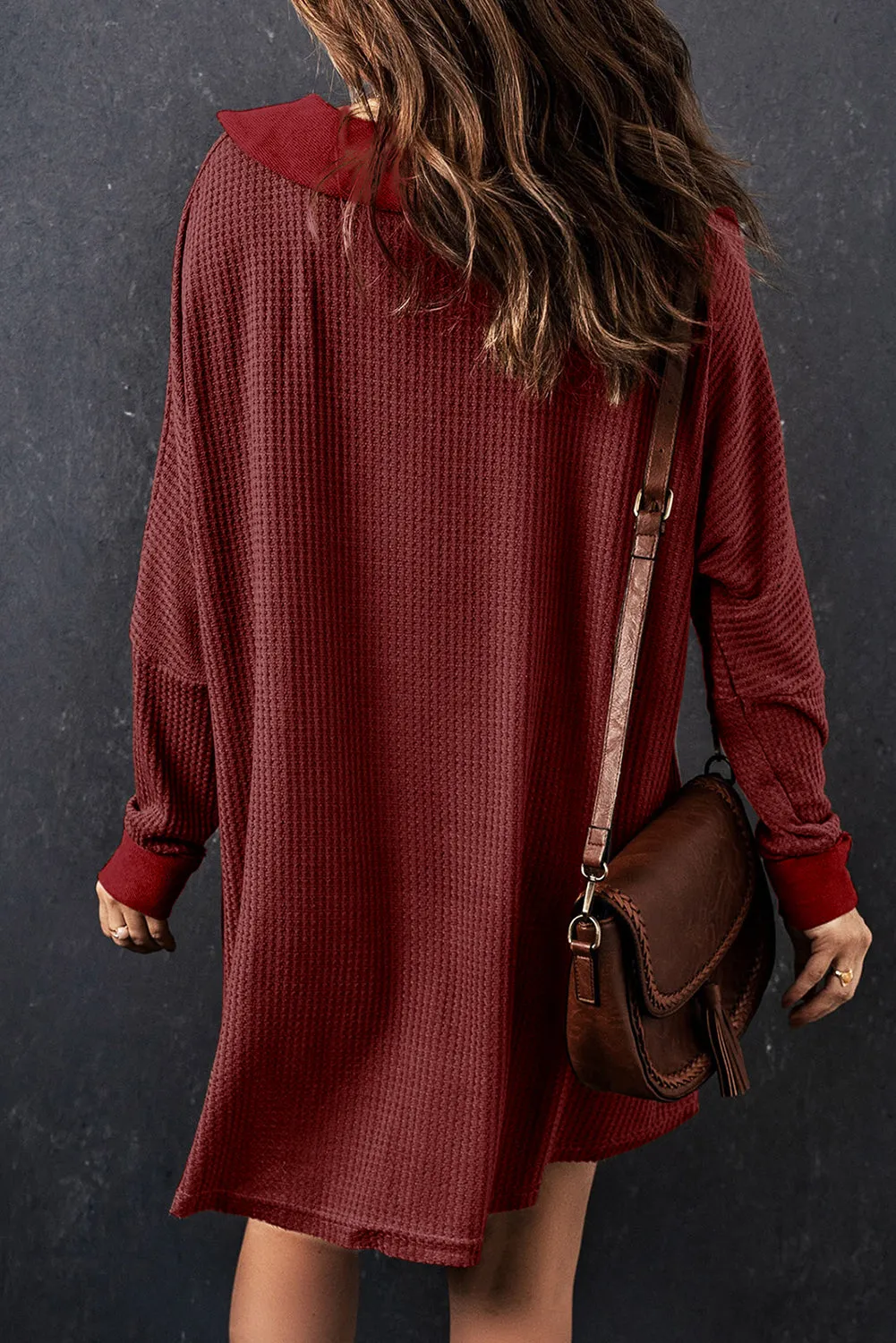 Brown Waffle Knit Buttoned Long Sleeve Top