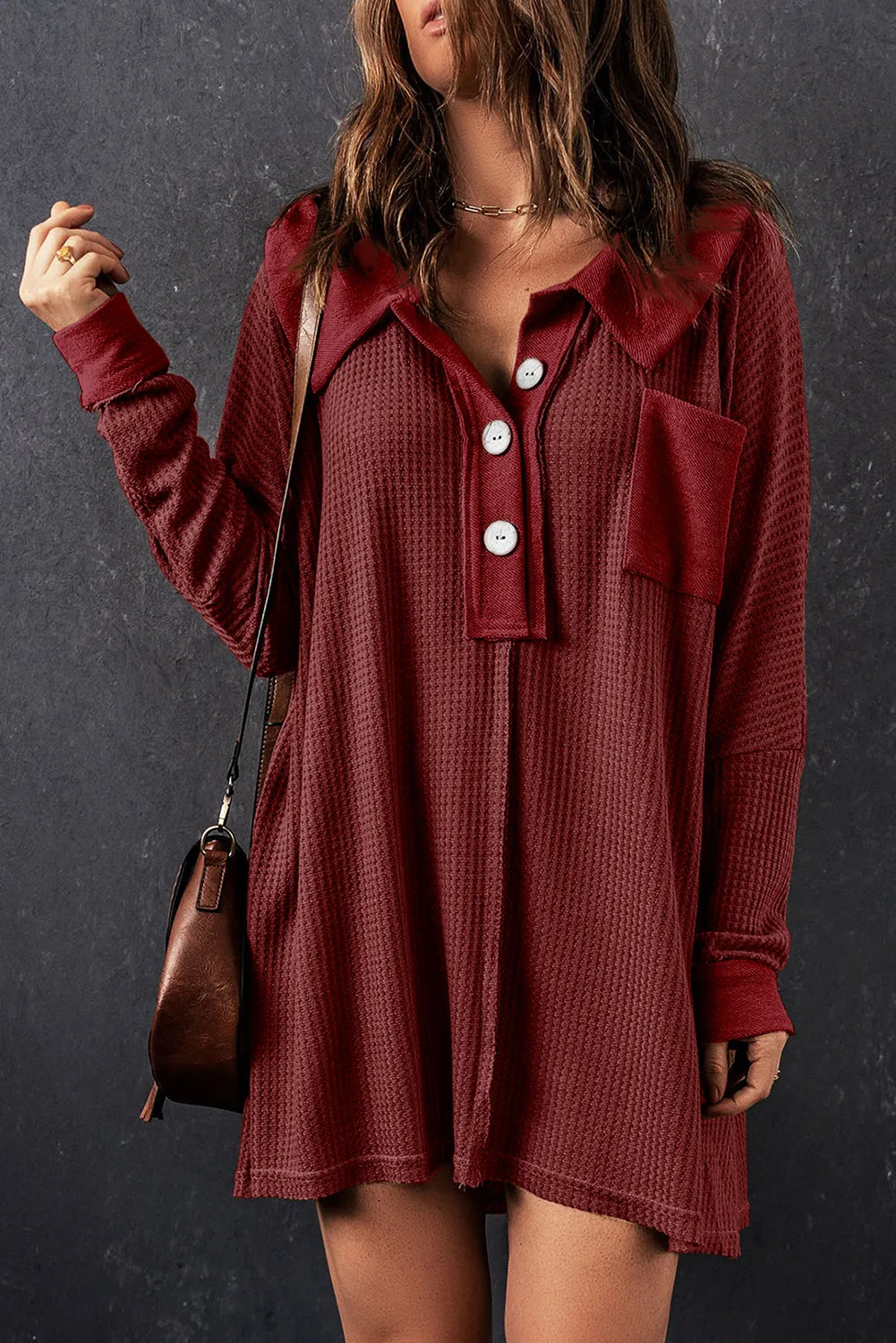 Brown Waffle Knit Buttoned Long Sleeve Top