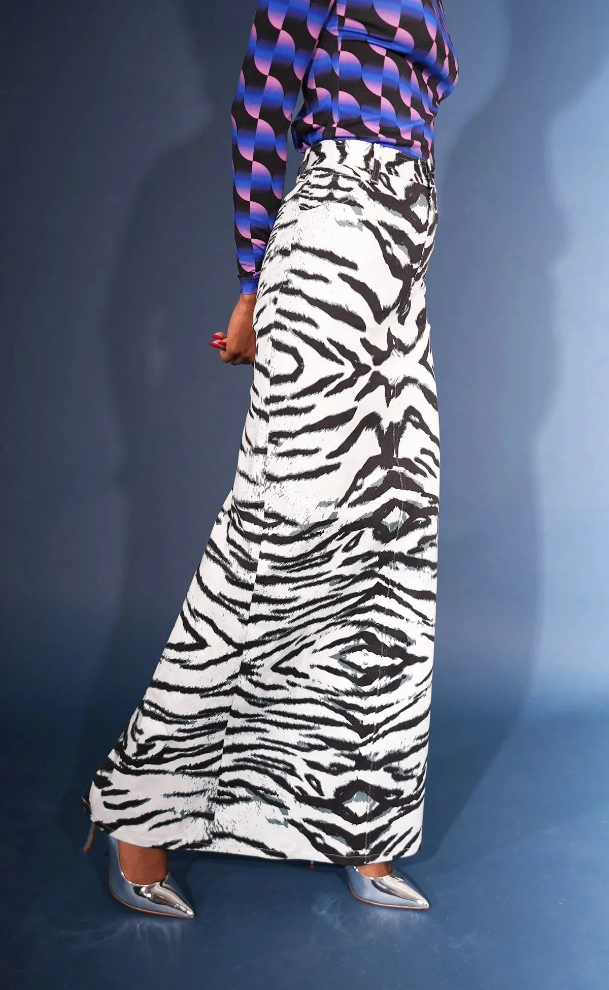 BruceGlen Black and White Snow Tiger High Waist Denim Skirt (As Worn by Sarah Jakes Roberts)