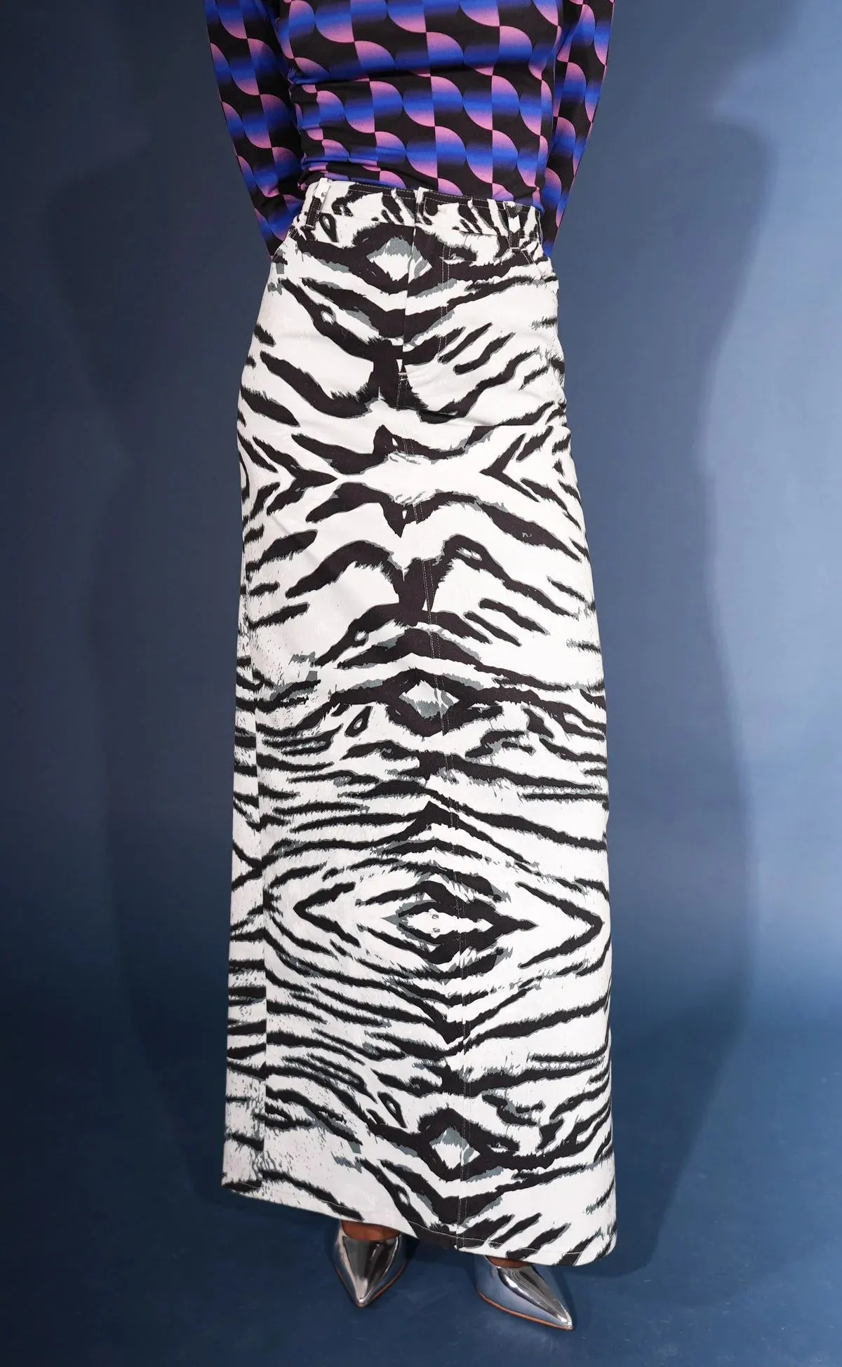 BruceGlen Black and White Snow Tiger High Waist Denim Skirt (As Worn by Sarah Jakes Roberts)