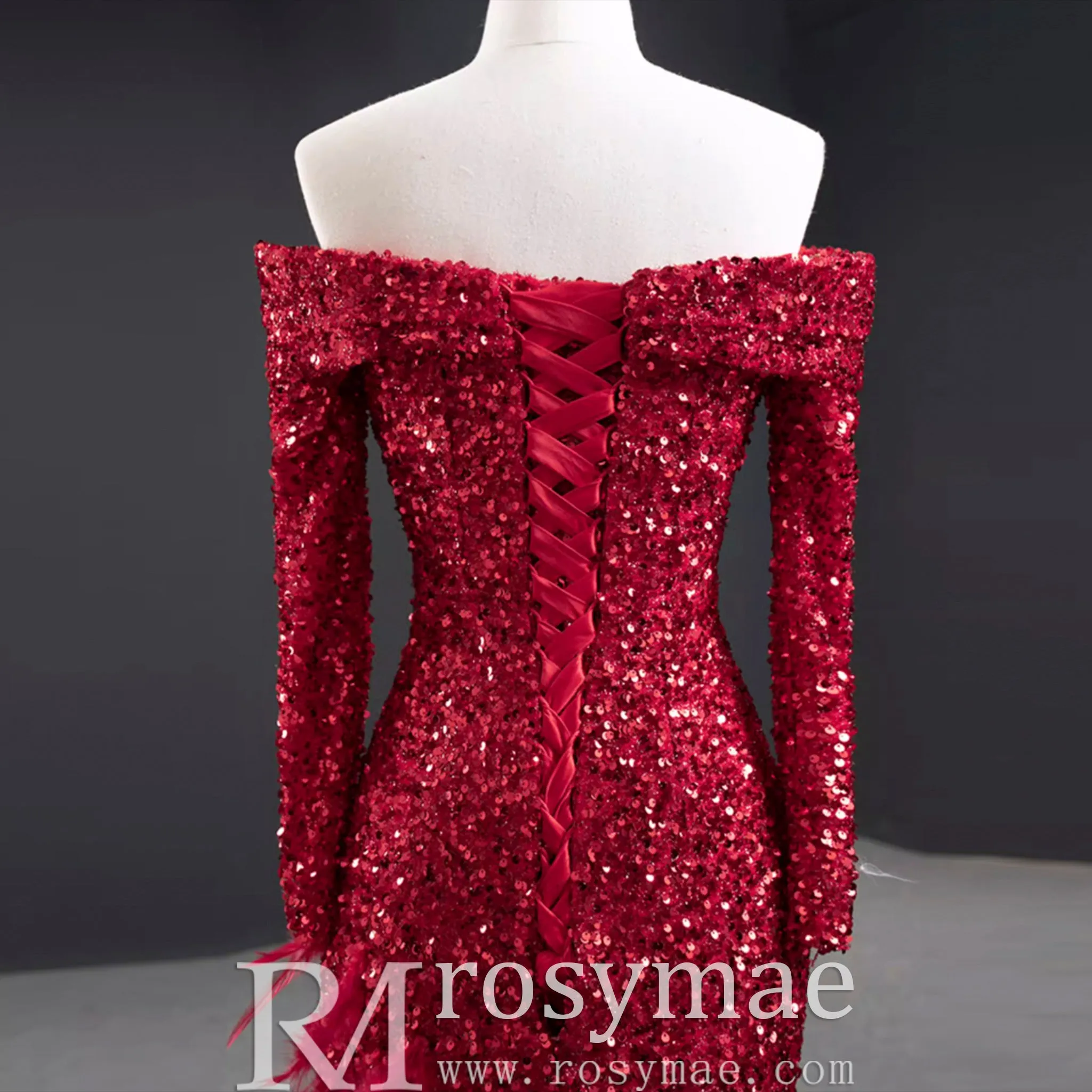 Burgundy Mermaid Sequins Long Sleeve Prom Dress with Feather