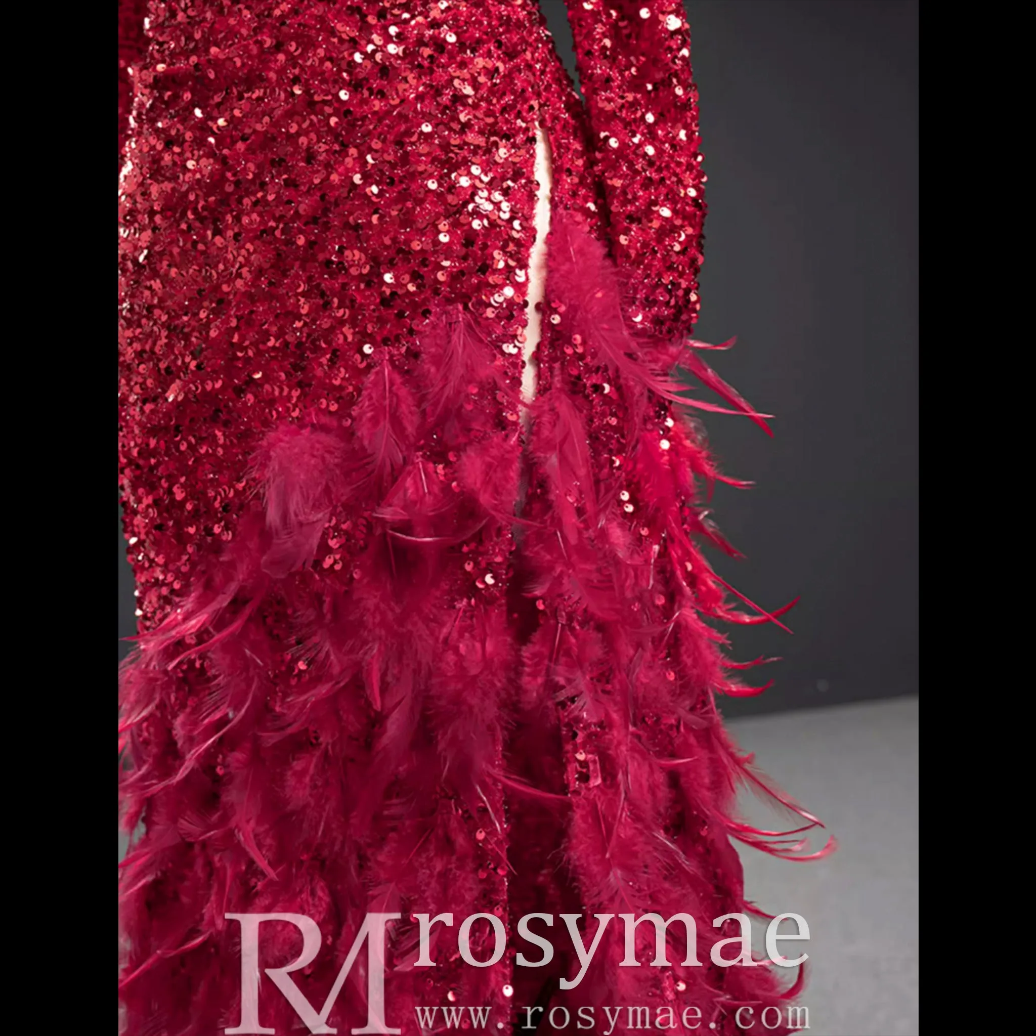 Burgundy Mermaid Sequins Long Sleeve Prom Dress with Feather