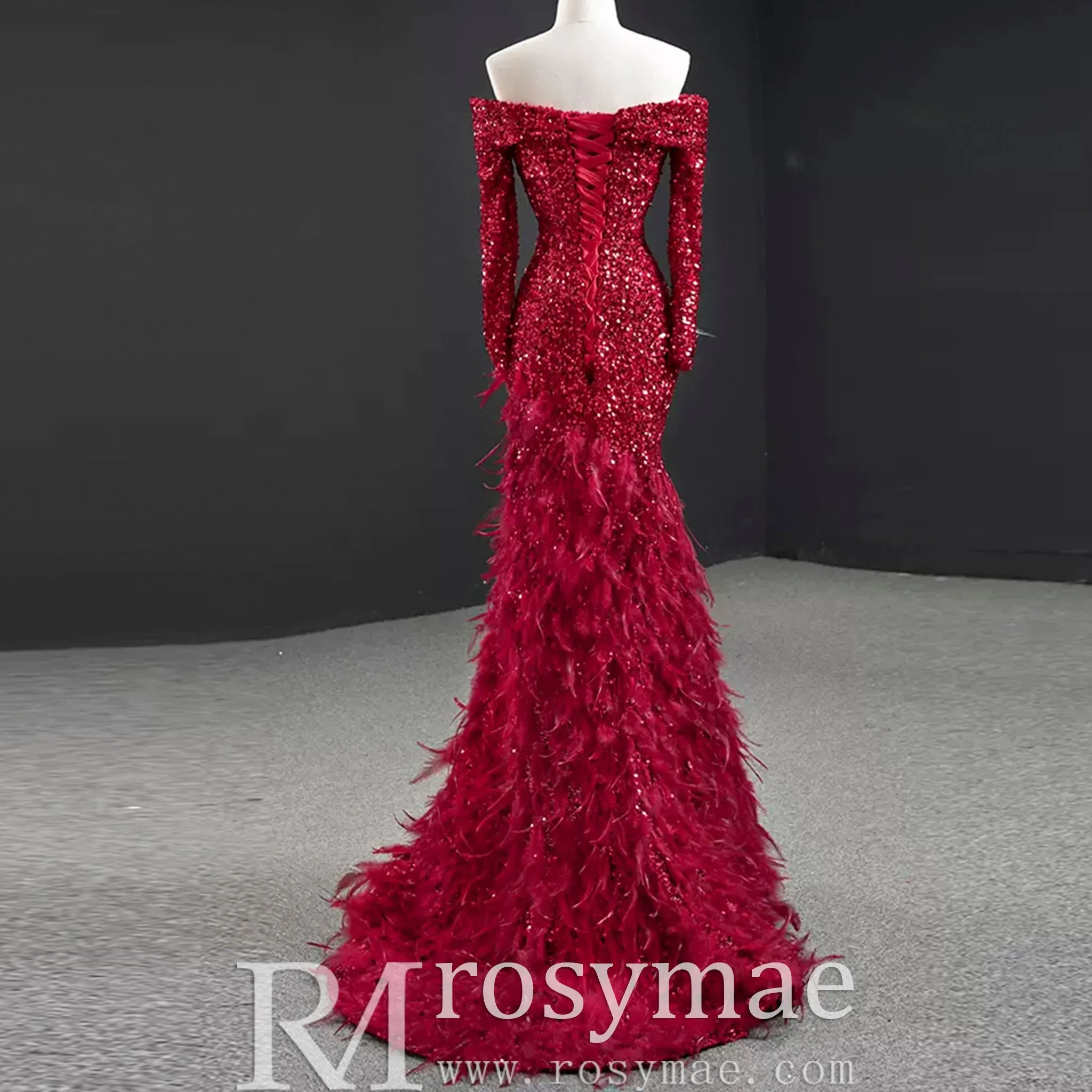 Burgundy Mermaid Sequins Long Sleeve Prom Dress with Feather