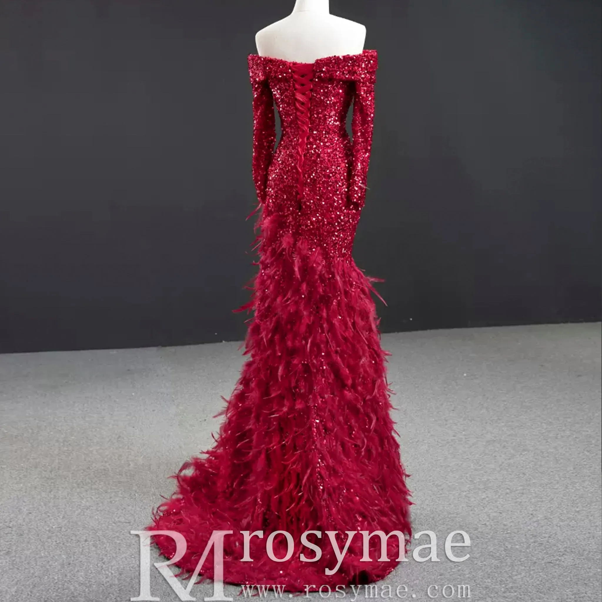 Burgundy Mermaid Sequins Long Sleeve Prom Dress with Feather