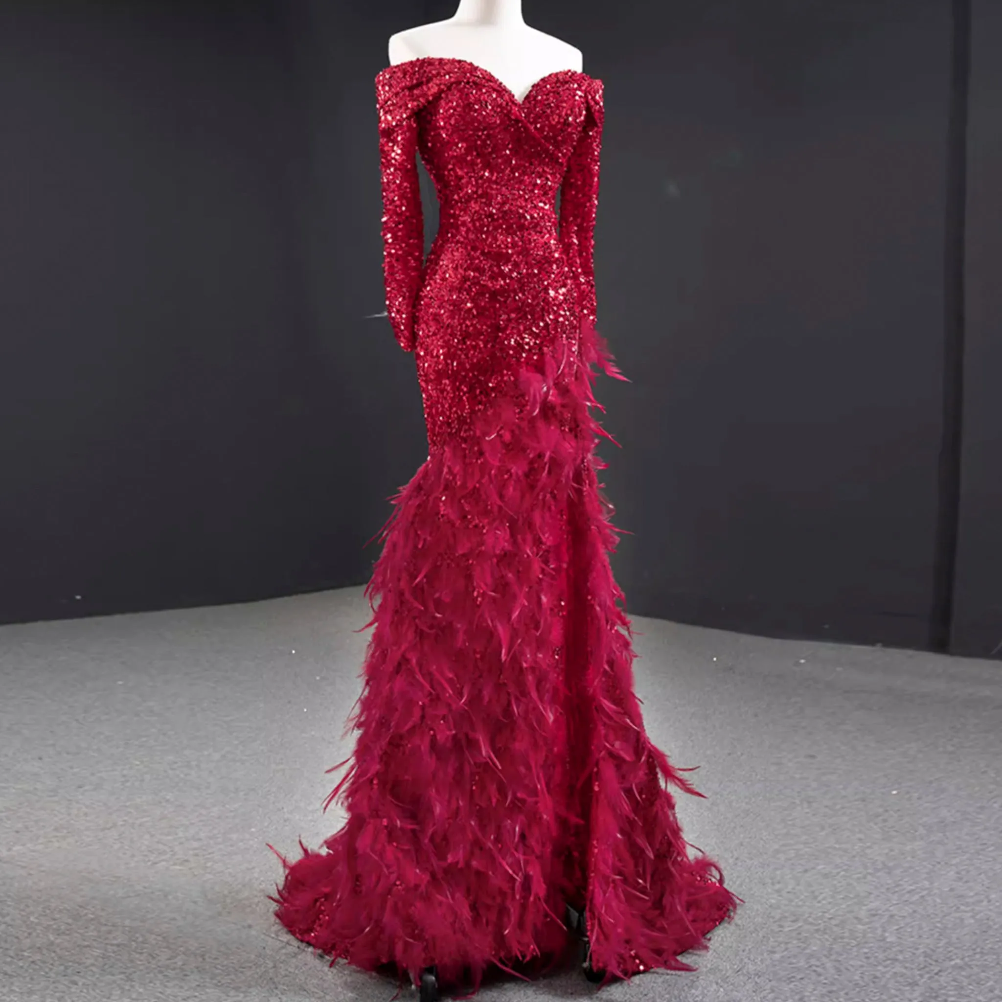 Burgundy Mermaid Sequins Long Sleeve Prom Dress with Feather