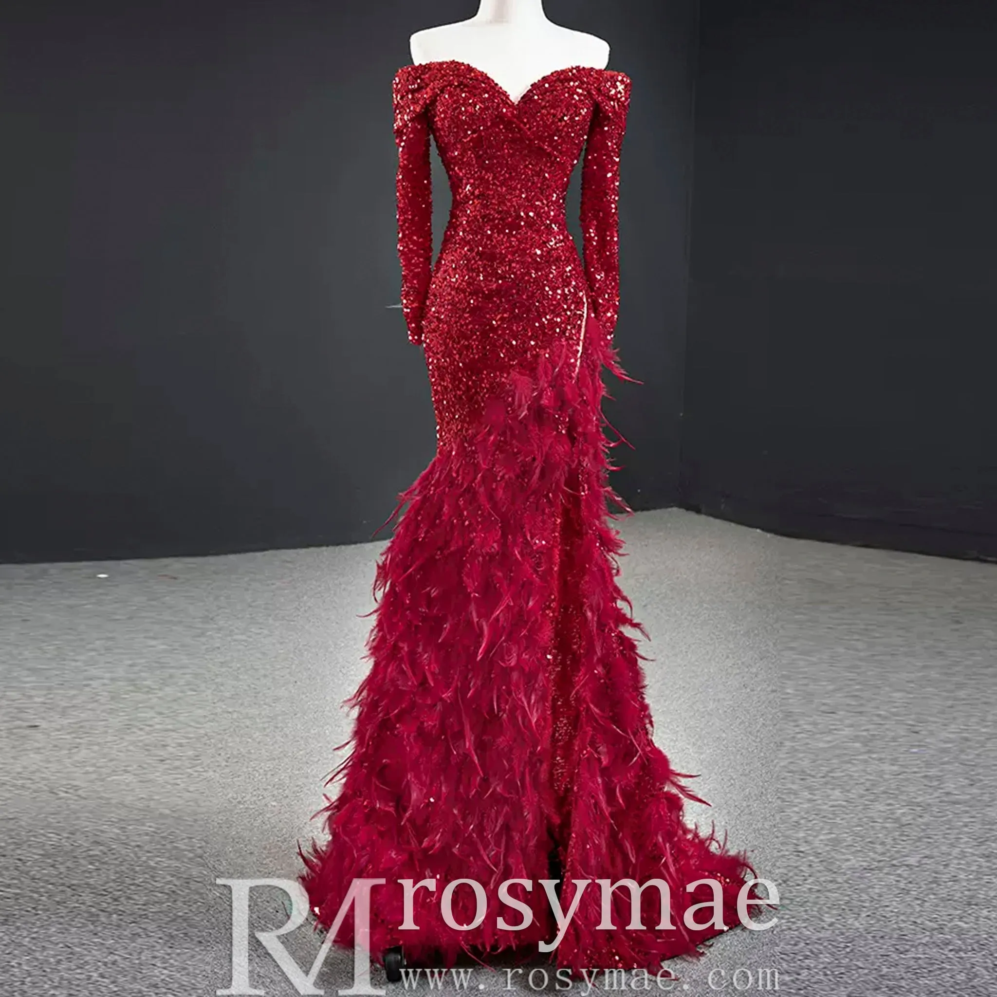 Burgundy Mermaid Sequins Long Sleeve Prom Dress with Feather