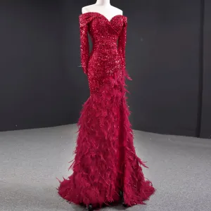 Burgundy Mermaid Sequins Long Sleeve Prom Dress with Feather
