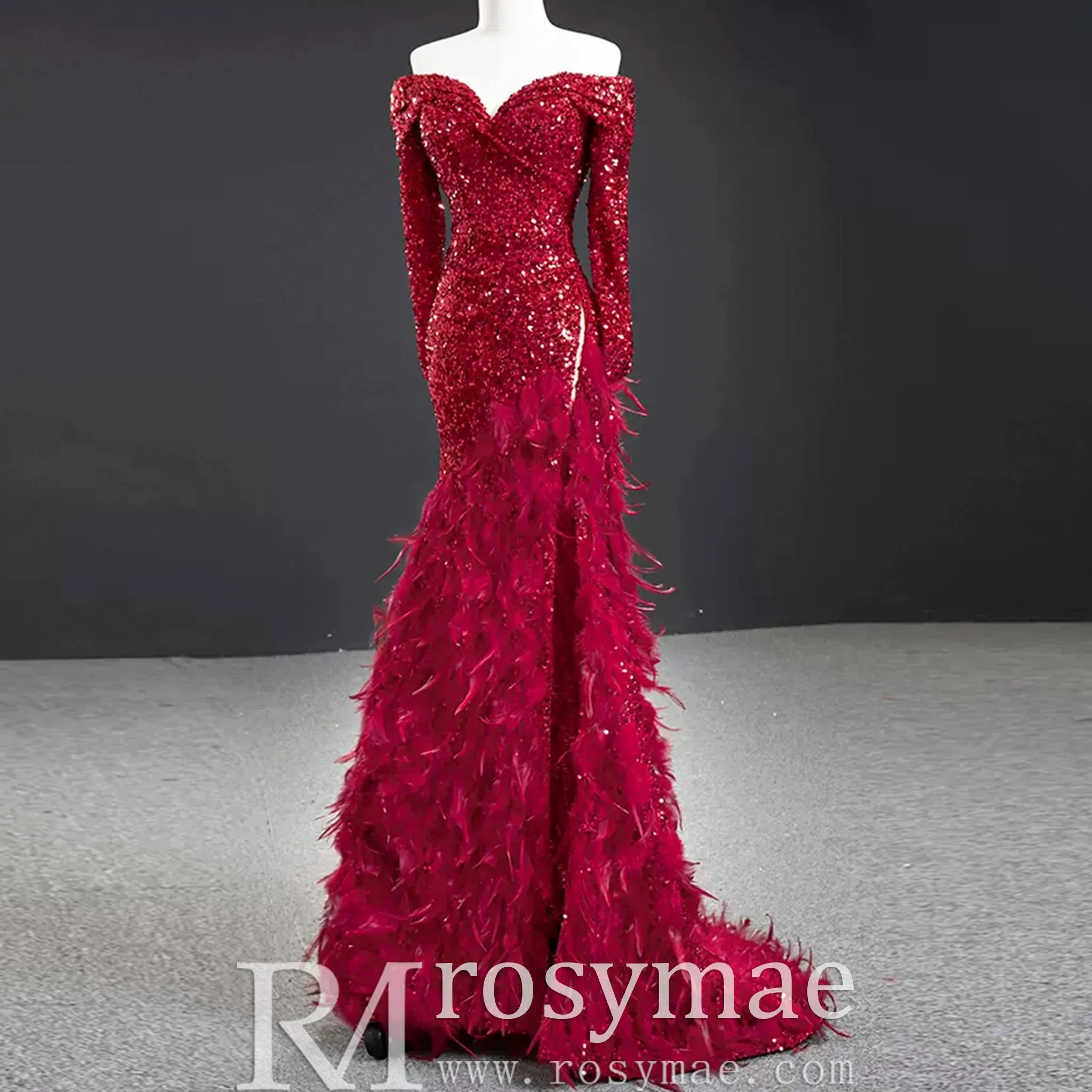 Burgundy Mermaid Sequins Long Sleeve Prom Dress with Feather