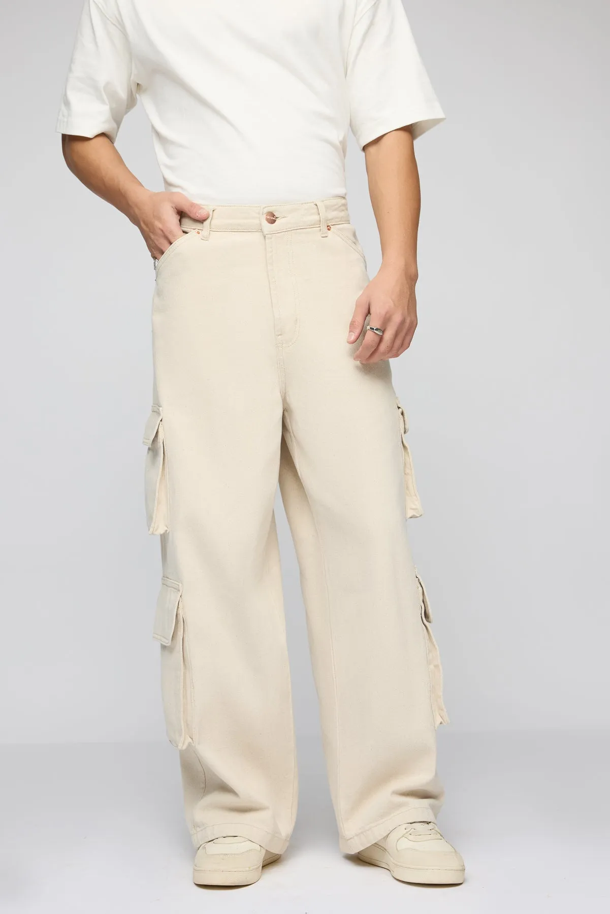 Classic Ecru Men's Wide Leg Cargo Jeans