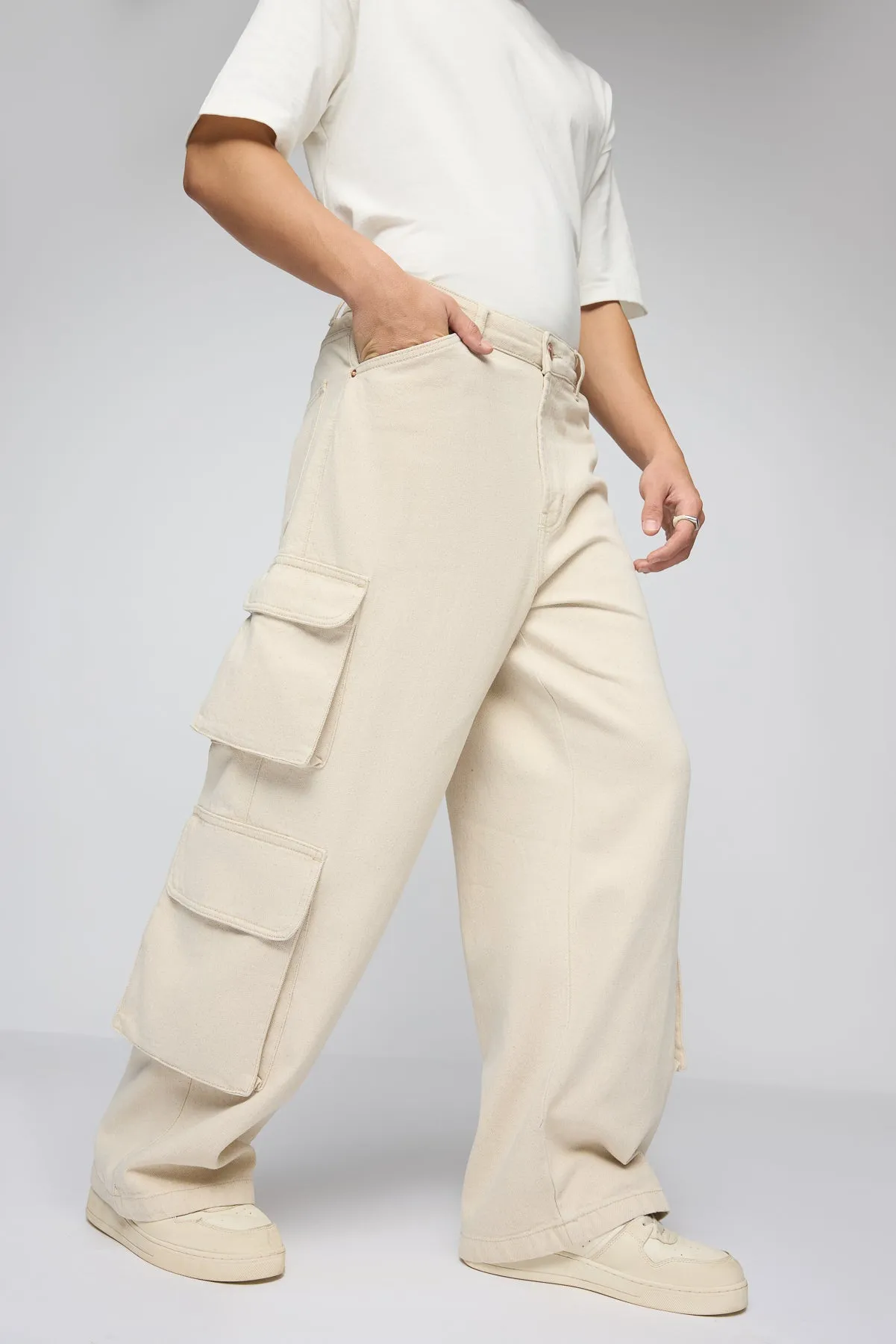 Classic Ecru Men's Wide Leg Cargo Jeans