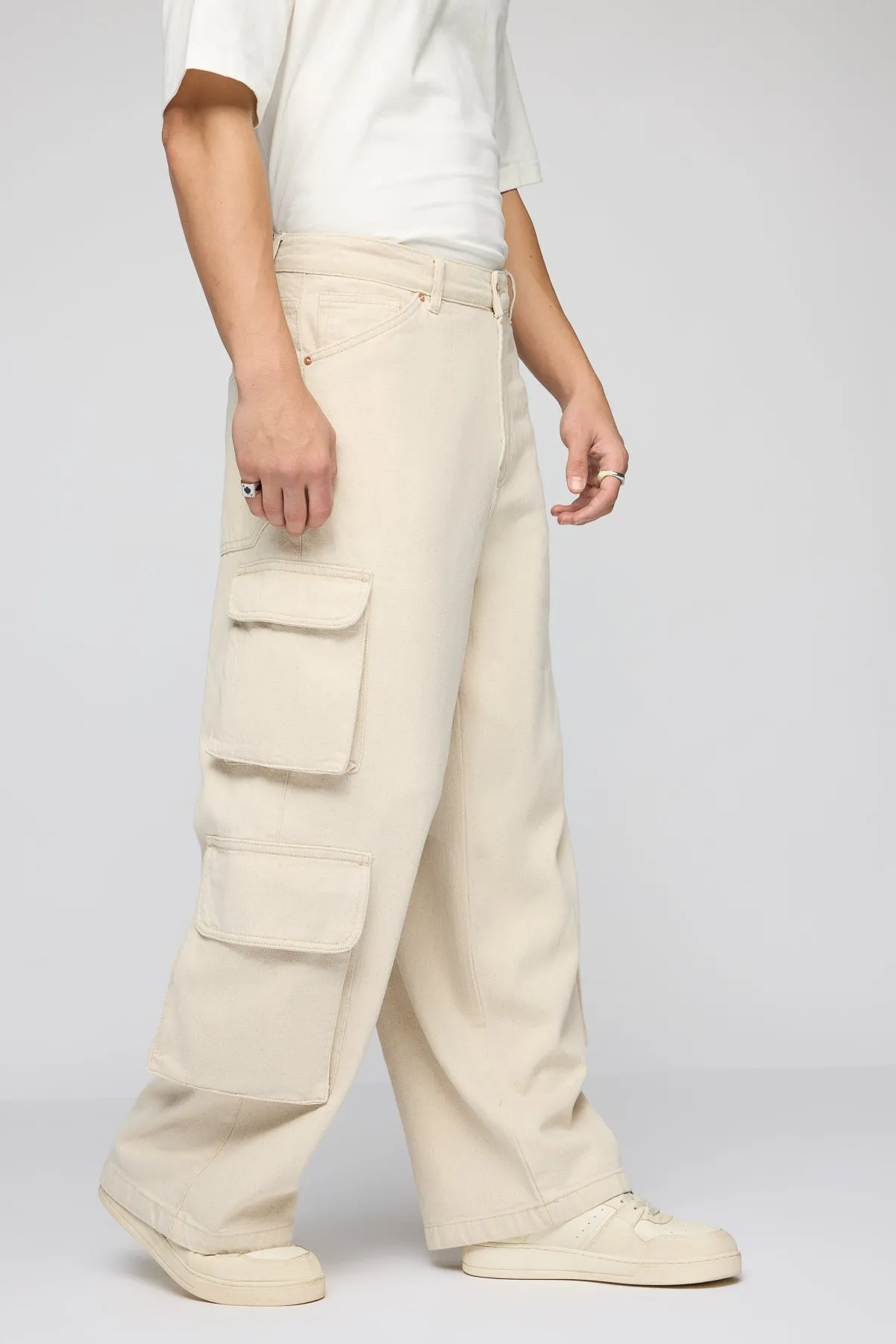 Classic Ecru Men's Wide Leg Cargo Jeans