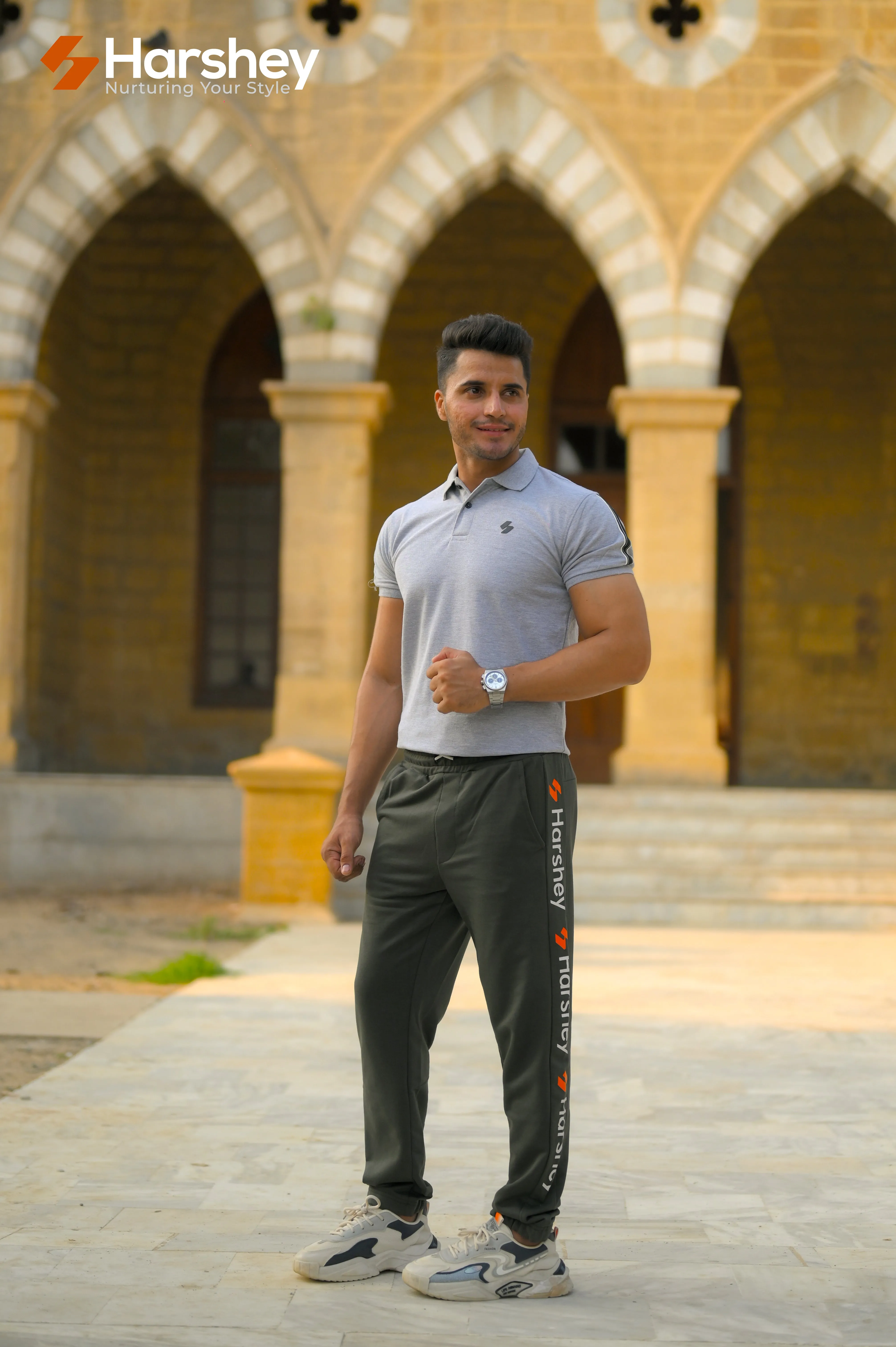 Classic Grey Polo with Black Stripes on Sleeves