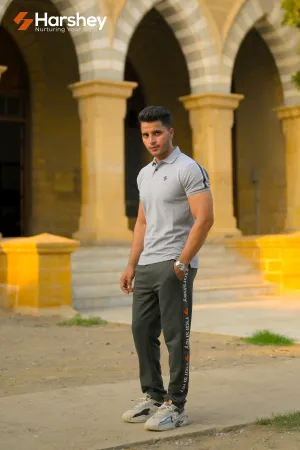 Classic Grey Polo with Black Stripes on Sleeves