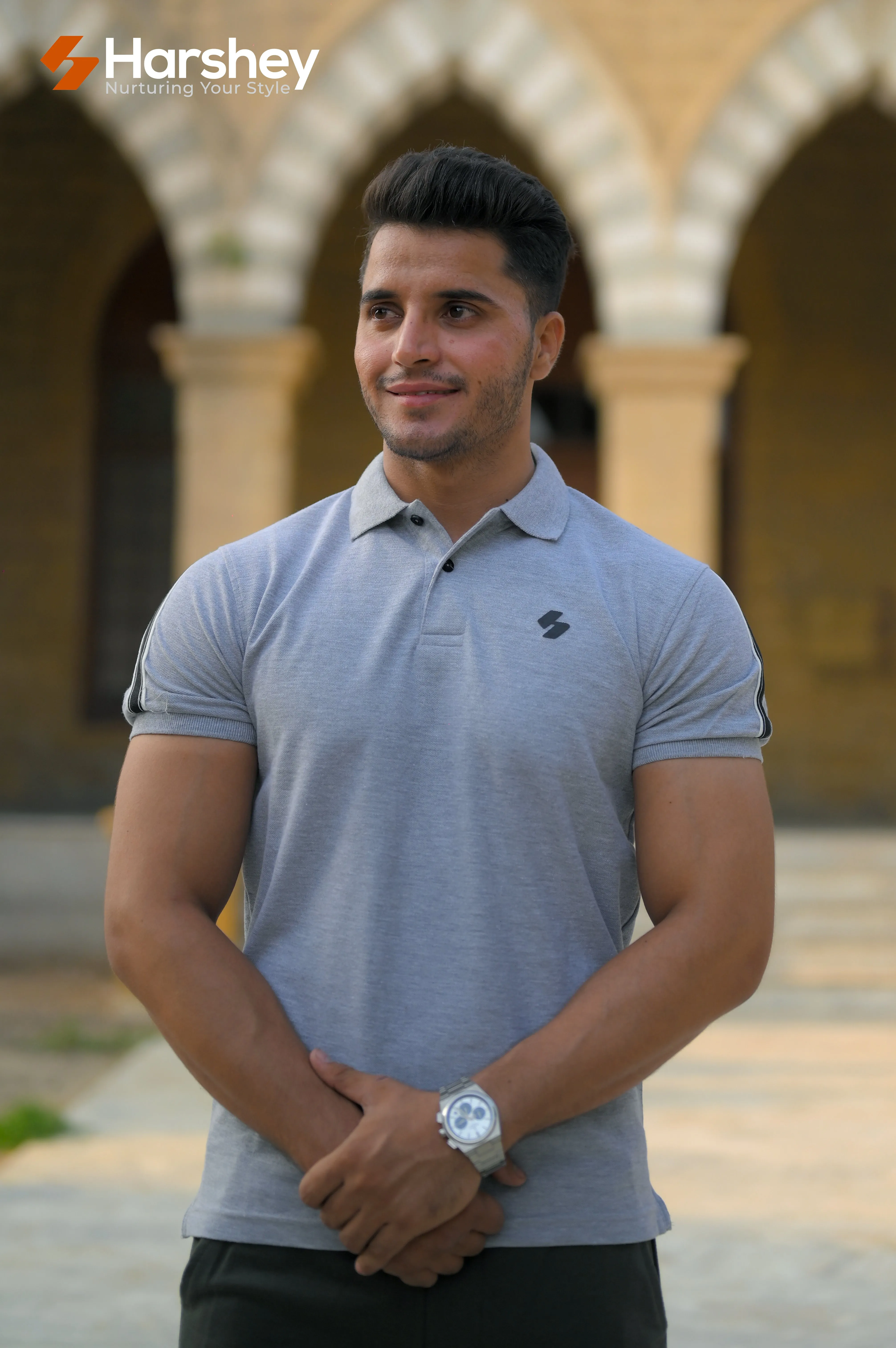 Classic Grey Polo with Black Stripes on Sleeves