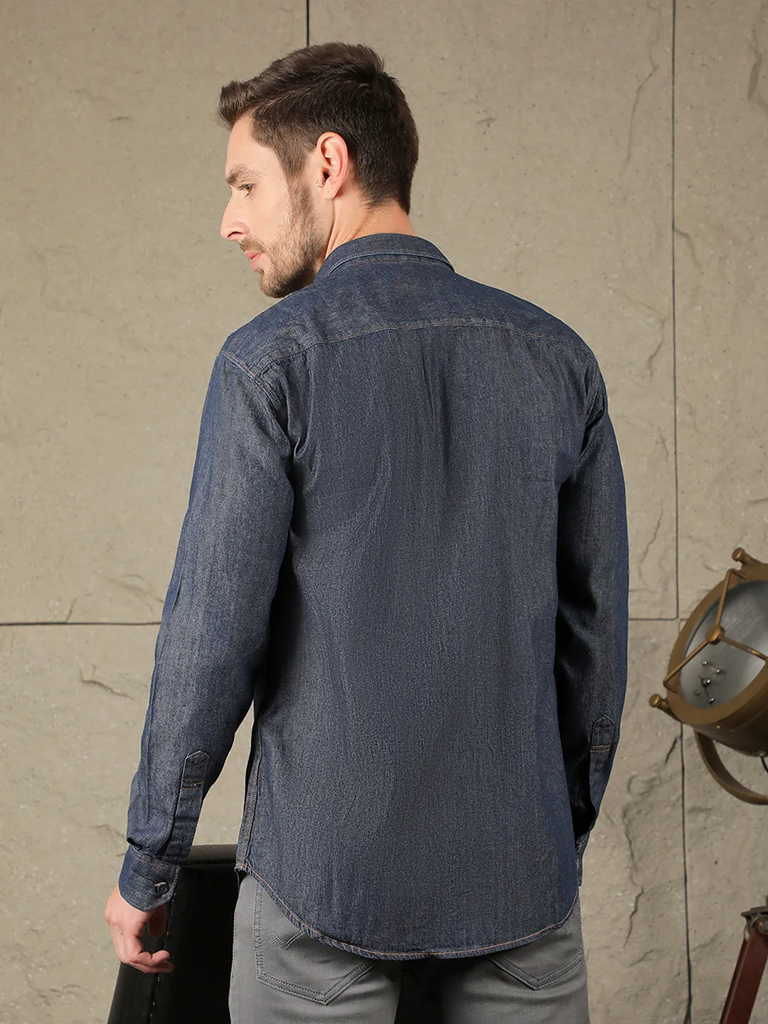 COBB DARK BLUE PRINTED SLIM-FIT DENIM CASUAL SHIRT