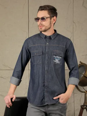 COBB DARK BLUE PRINTED SLIM-FIT DENIM CASUAL SHIRT