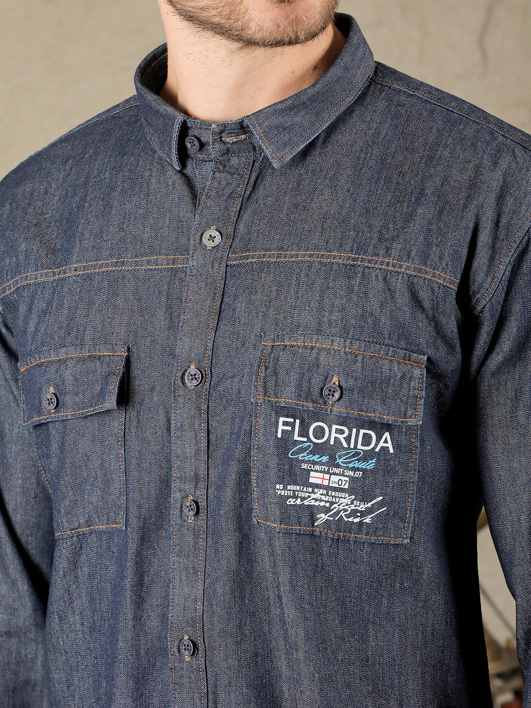 COBB DARK BLUE PRINTED SLIM-FIT DENIM CASUAL SHIRT