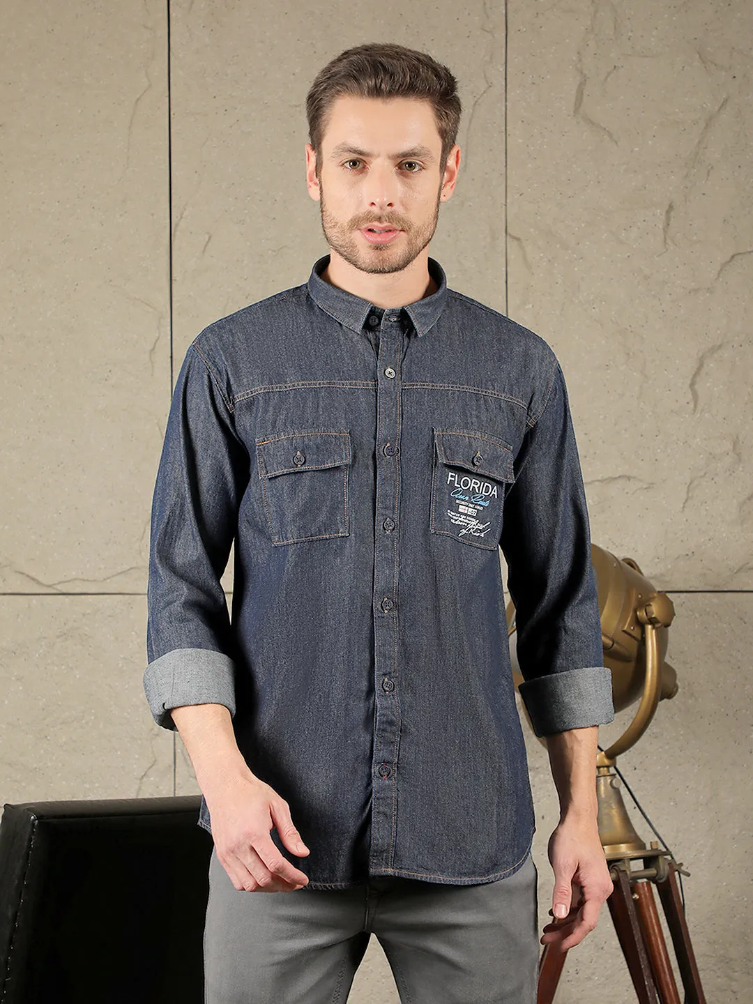 COBB DARK BLUE PRINTED SLIM-FIT DENIM CASUAL SHIRT