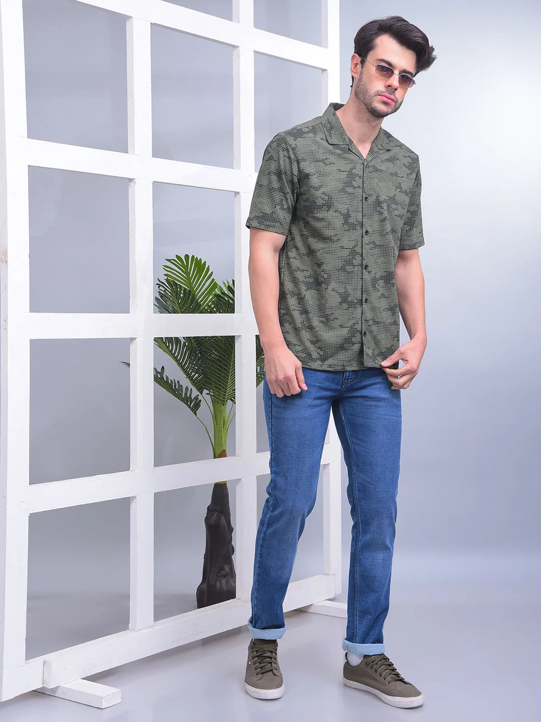 COBB GREEN CAMEO PRINTED HALF-SLEEVE CASUAL SHIRT