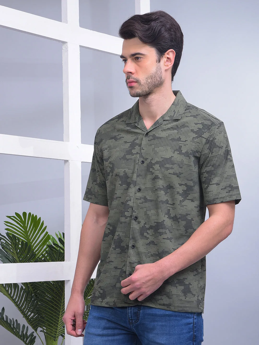 COBB GREEN CAMEO PRINTED HALF-SLEEVE CASUAL SHIRT