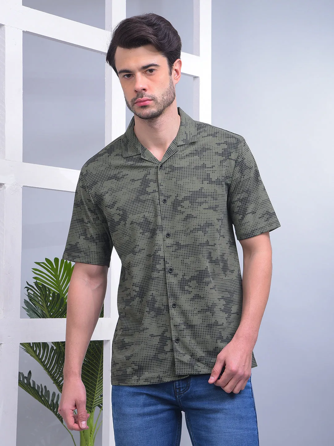 COBB GREEN CAMEO PRINTED HALF-SLEEVE CASUAL SHIRT