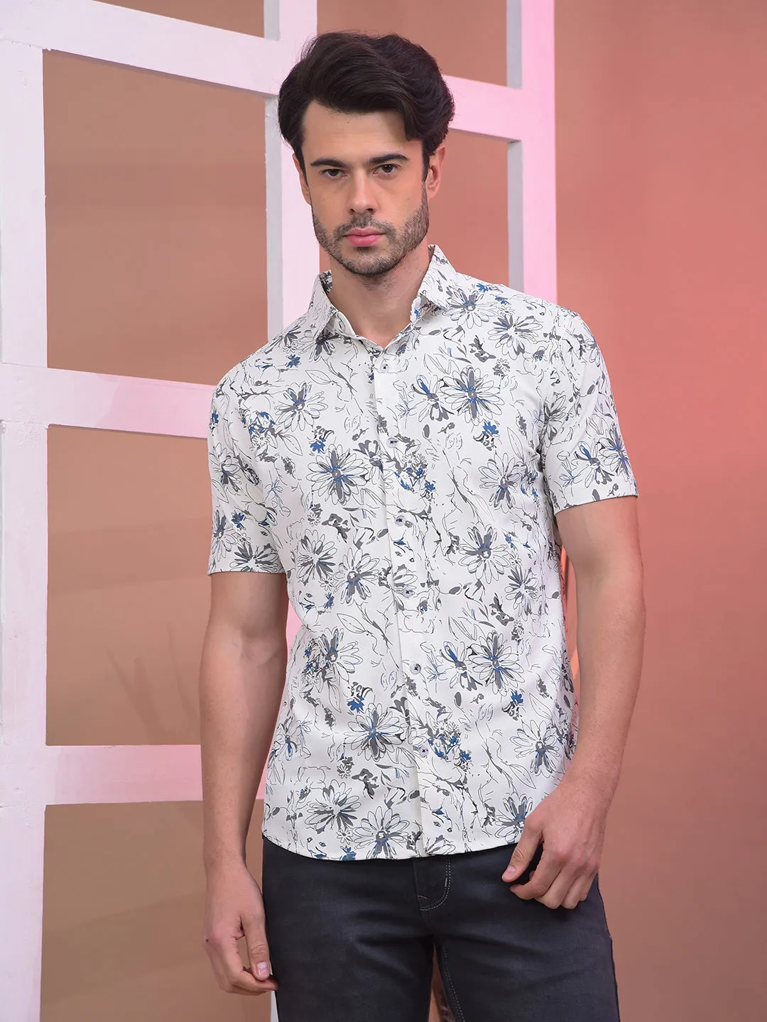 COBB OFF WHITE PRINTED HALF-SLEEVE CASUAL SHIRT