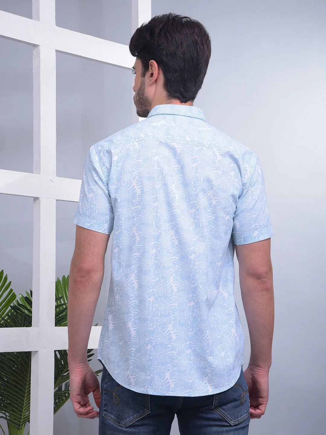 COBB SKY BLUE PRINTED HALF-SLEEVE CASUAL SHIRT