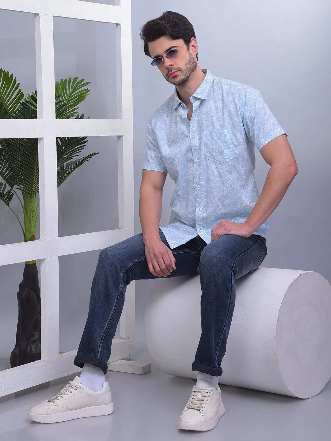 COBB SKY BLUE PRINTED HALF-SLEEVE CASUAL SHIRT