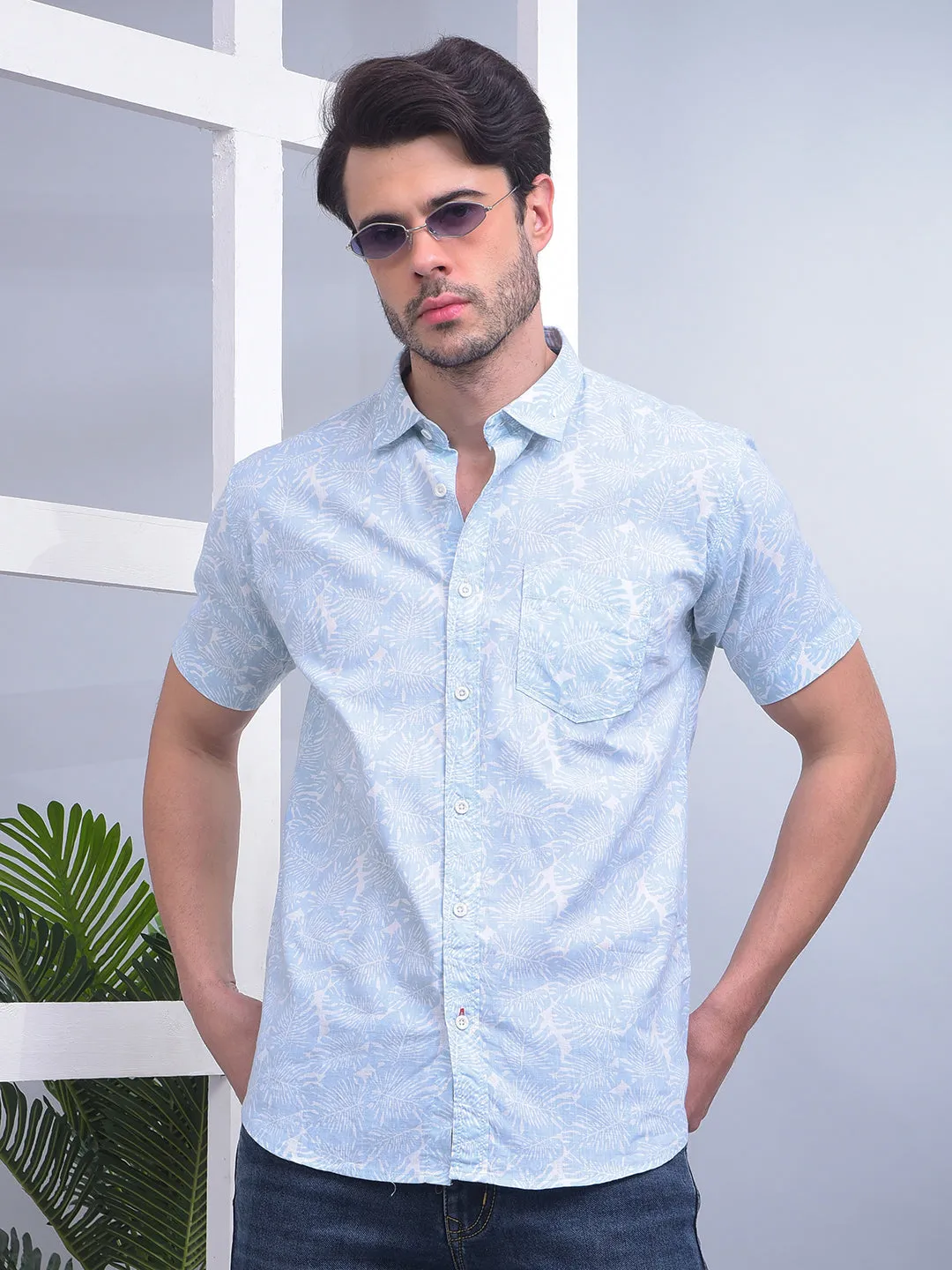 COBB SKY BLUE PRINTED HALF-SLEEVE CASUAL SHIRT