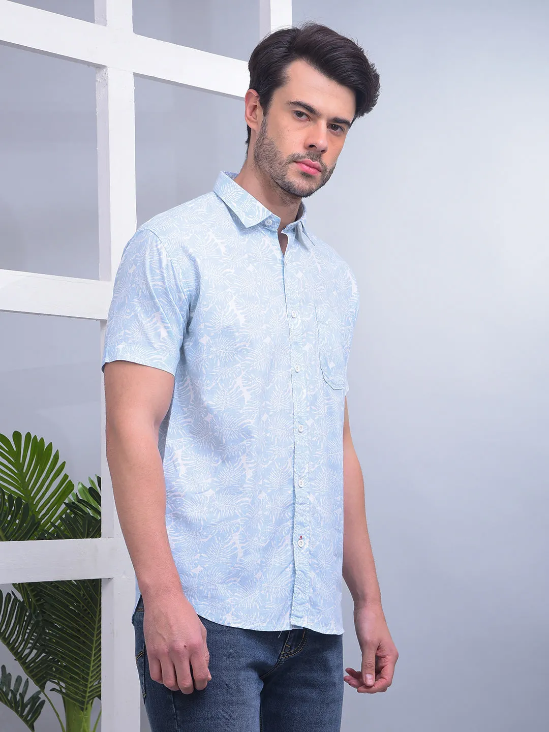 COBB SKY BLUE PRINTED HALF-SLEEVE CASUAL SHIRT