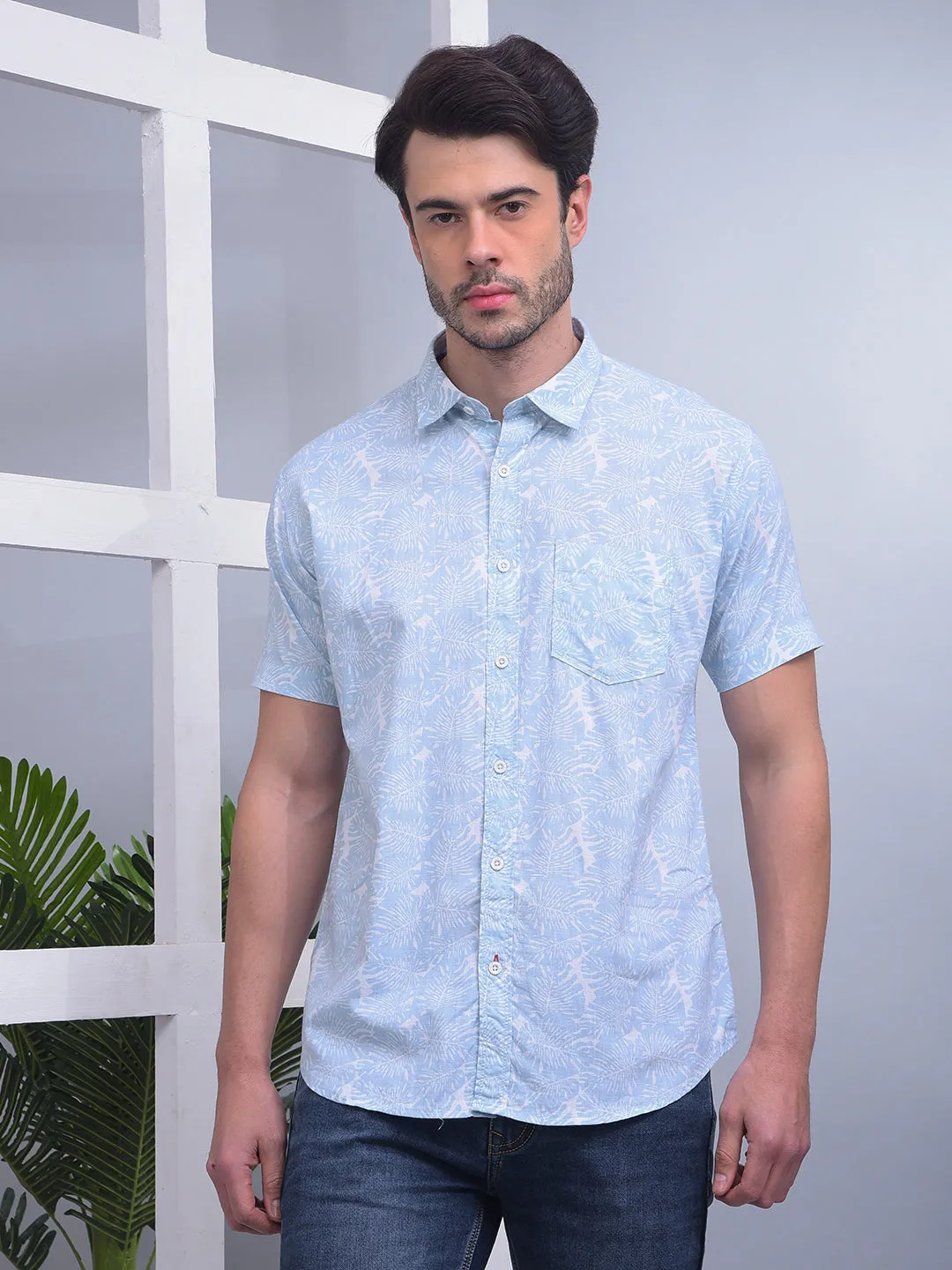 COBB SKY BLUE PRINTED HALF-SLEEVE CASUAL SHIRT